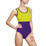 Two-Tone One-Piece Swimsuit – Lime Green and Purple Color Block