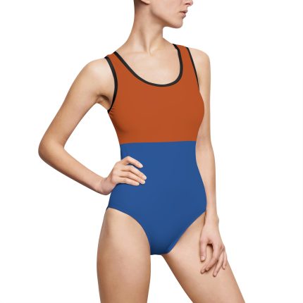 Two-Tone Color Block One-Piece Swimsuit – Orange and Blue Bathing Suit
