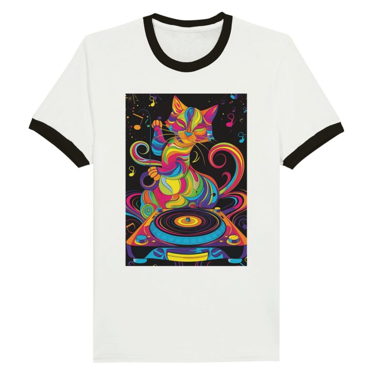 Psychedelic Groovy Cat DJ Unisex Ringer T-shirt