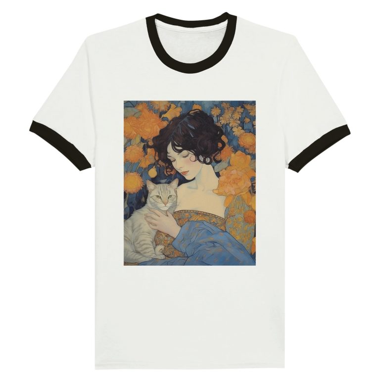 Woman Cat Portrait Aesthetic Poster Prints Unisex Ringer T-shirt