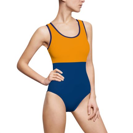Two-Tone Contemporary Color Block Swimwear – Orange & Blue One-Piece