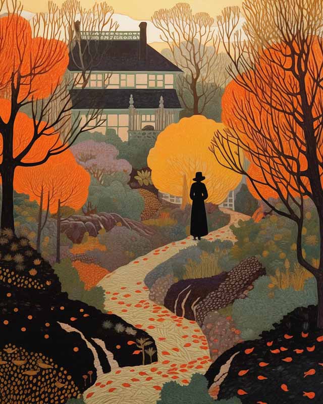 Autumn Landscape Painting with Figure and Grand House Aesthetic Poster Prints: Elevate Your Space with Trendy Designs