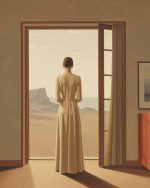 Contemplative Woman Looking at Desert Landscape Painting Aesthetic Poster Prints: Elevate Your Space with Trendy Designs
