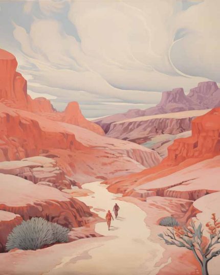 Serene Desert Canyon Landscape Painting with Hikers Aesthetic Poster Prints: Elevate Your Space with Trendy Designs