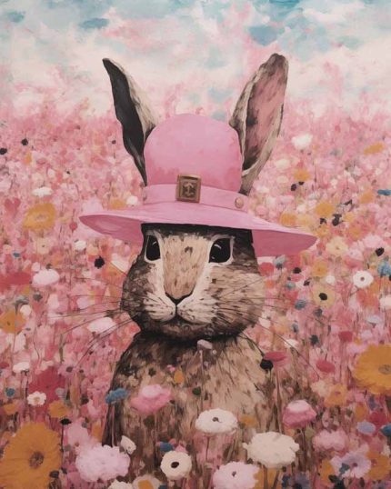 Whimsical Rabbit in Pink Hat Amidst Floral Field Painting Aesthetic Poster Prints: Elevate Your Space with Trendy Designs