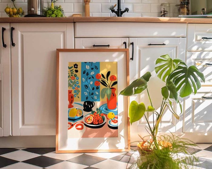 Colorful Still Life Painting with Vases, Fruits, and Flowers Kitchen Trendy Print Wall Art Poster