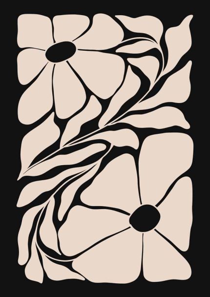 Stylized Floral Pattern - Beige & Black Theme - Minimalist Art Botanical Flower Print Wall Art Poster
