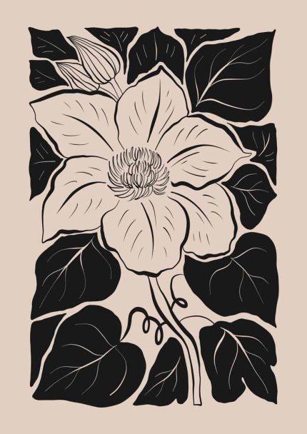 Stylized Floral Pattern - Beige & Black Theme - Minimalist Art Botanical Flower Print Wall Art Poster
