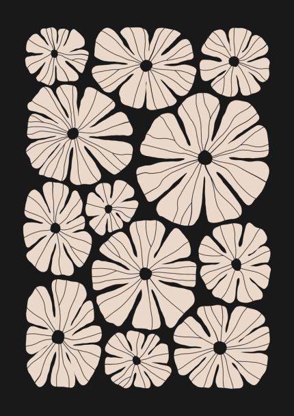 Stylized Floral Pattern - Beige & Black Theme - Minimalist Art Botanical Flower Print Wall Art Poster