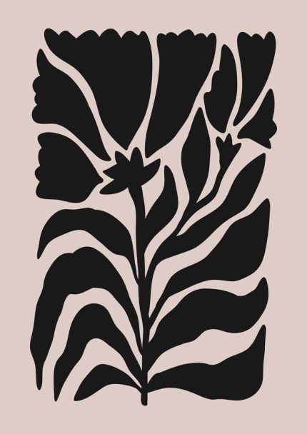 Stylized Floral Pattern - Beige & Black Theme - Minimalist Art Botanical Flower Print Wall Art Poster