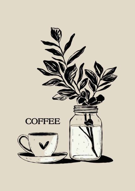 Stylized Floral Pattern - Beige & Black Theme - Minimalist Art Botanical Flower Print Wall Art Poster