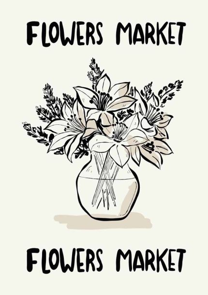 Stylized Floral Pattern - Beige & Black Theme - Minimalist Art Botanical Flower Print Wall Art Poster