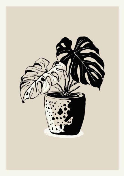 Stylized Floral Pattern - Beige & Black Theme - Minimalist Art Botanical Flower Print Wall Art Poster