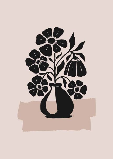 Stylized Floral Pattern - Beige & Black Theme - Minimalist Art Botanical Flower Print Wall Art Poster
