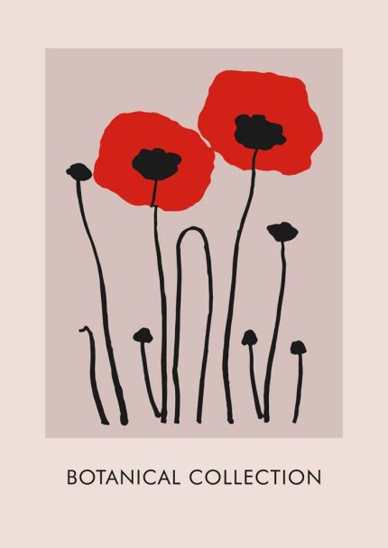 Stylized Floral Pattern - Beige & Black Theme - Minimalist Art Botanical Flower Print Wall Art Poster