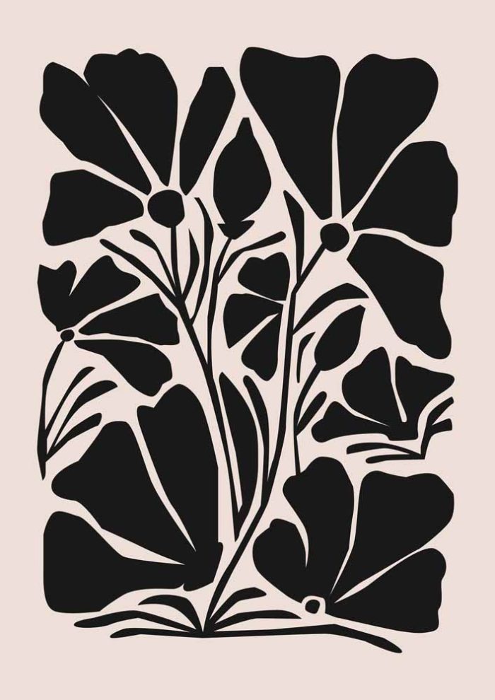 Stylized Floral Pattern - Beige & Black Theme - Minimalist Art Botanical Flower Print Wall Art Poster - Image 1