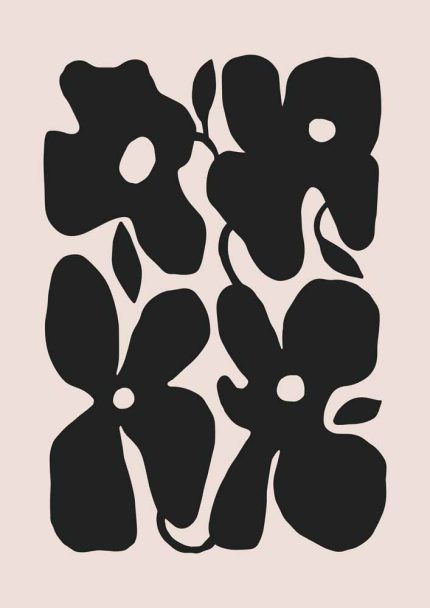 Stylized Floral Pattern - Beige & Black Theme - Minimalist Art Botanical Flower Print Wall Art Poster