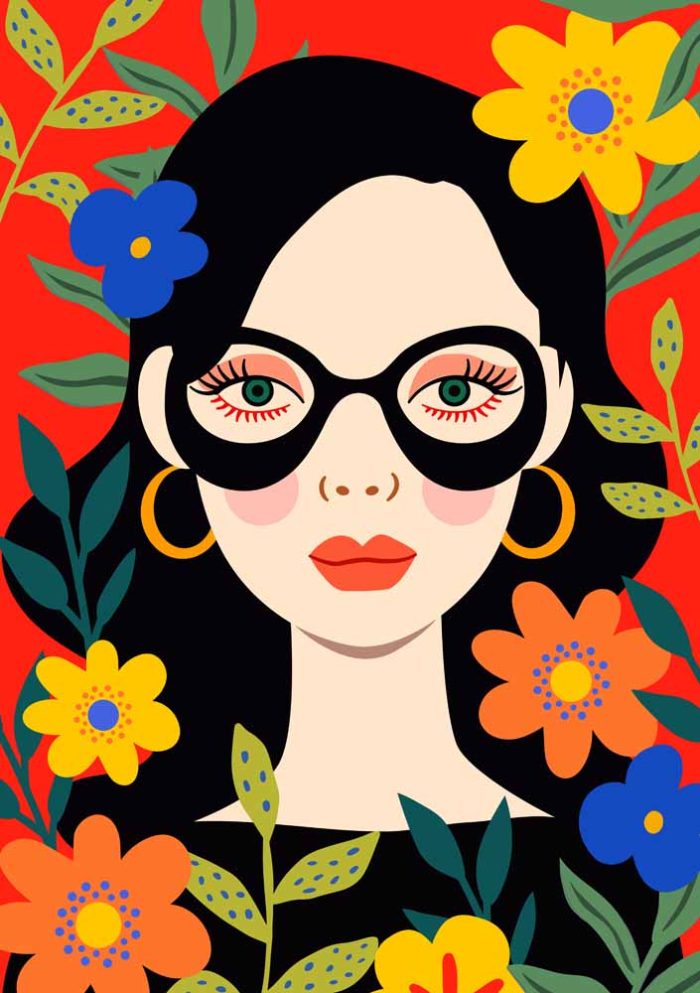Floral Portrait - Stylized Woman with Flowers - Colorful Art Print Floral Botanical Flower Print Wall Art Poster - Image 1
