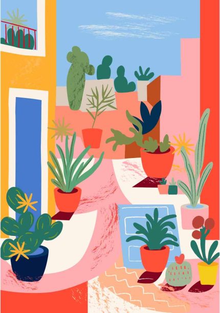 Potted Plants and Cacti - Vibrant Garden Illustration - Patio Art