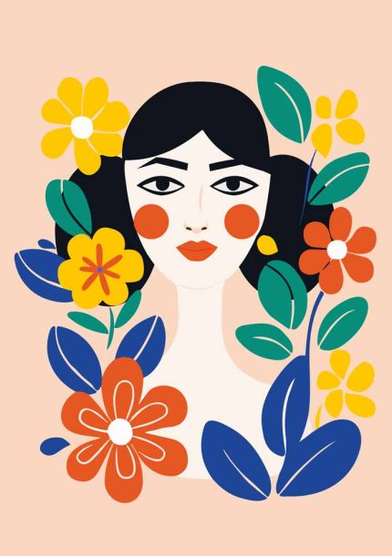 Woman Portrait With Floral Botanical Flower Print Wall Art Poster