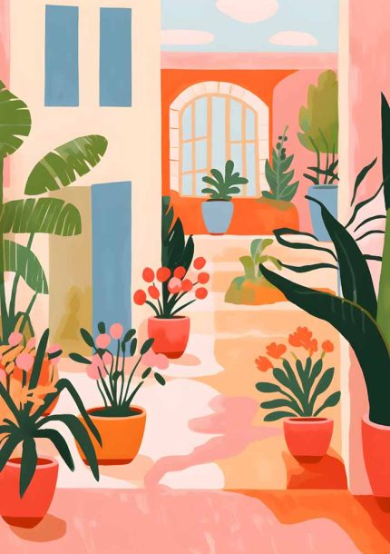 Potted Plants and Cacti - Vibrant Garden Illustration - Patio Art