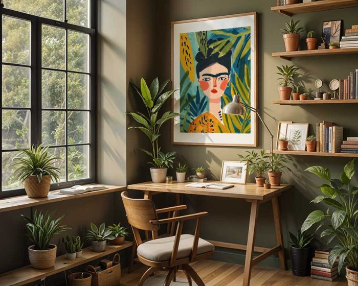 Frida Kahlo Inspired Portrait Art Print, Tropical Leaves Botanical Poster