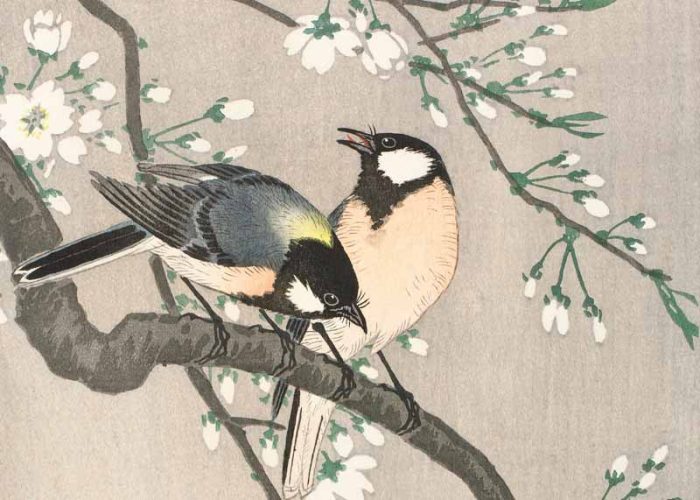 Two Birds on a Cherry Blossom Branch Traditional Japanese Traditional Wall Art - Image 1