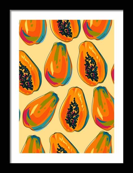 Papaya Repeat Pattern | Tropical Fruit Background | Exotic Food Art Kitchen Trendy Print Wall Art Framed Poster