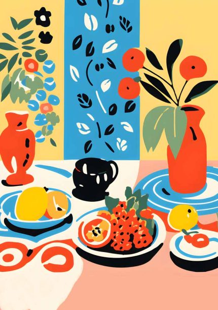  Colorful Still Life Painting with Vases, Fruits, and Flowers Kitchen Trendy Print Wall Art Poster