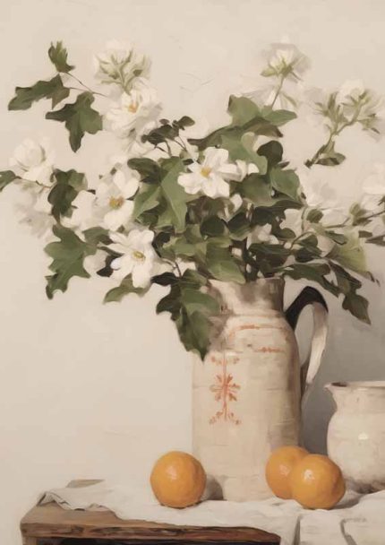 White Blossom Still Life with Oranges | Floral and Fruit Art Print Neutral Theme Vintage Posters Wall Art Poster