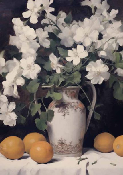 White Floral Still Life with Lemons | Flower and Fruit Art Print Neutral Theme Vintage Posters Wall Art Poster