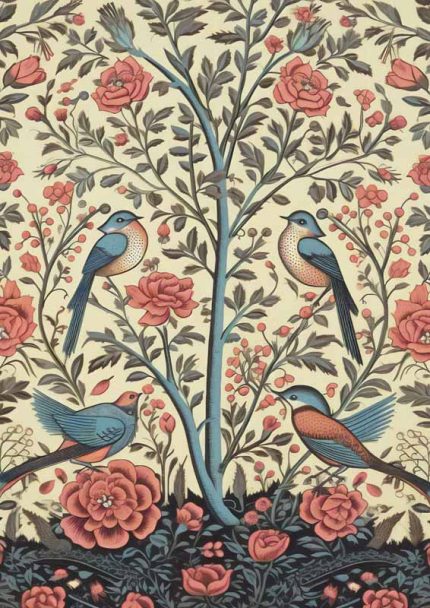 Stylized Bird and Rose Art Print | Bird and Floral Pattern Neutral Theme Vintage Posters Wall Art Poster