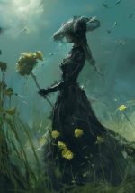 Romanticism Art Ethereal Woman in Black Dress with Yellow Flowers AI Print Wall Art Poster