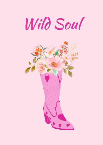Wild Soul Cowboy Boot Floral Art Print, Boho Western Poster, Pink Boot Flowers Poster Wall Art