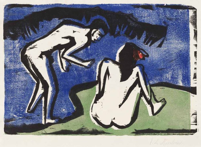 Bathing Couple by Ernst Ludwig Kirchner - Expressionist Woodcut Print Poster Wall Art Aluminum Print - Image 1