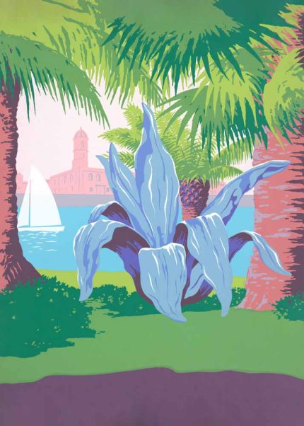 Tropical Coastal Landscape Art Print, Palm Trees and Agave Poster Poster Wall Art Aluminum Print