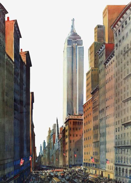 New York Cityscape Art Print, Empire State Building, Vintage City Scene, Urban Landscape, Mid-Century Modern Poster Wall Art Aluminum Print