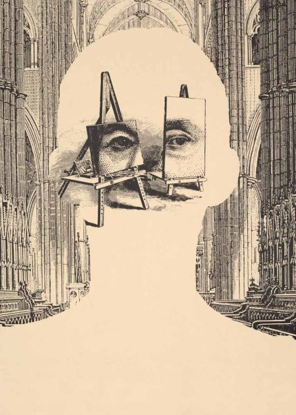 Surreal Portrait with Cathedral and Easels Art Print, Metaphysical Art, Collage Art, Conceptual Art, Architectural Landscape Wall Art