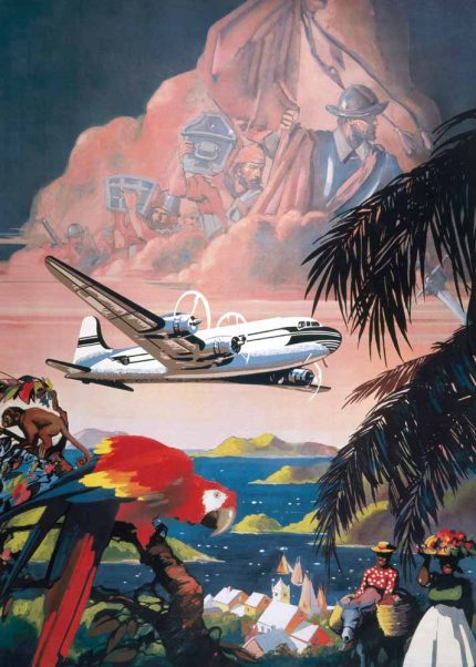 Vintage Airplane Travel Poster, Tropical Destination, Historical Scene, Retro Travel Art, Mid-Century Modern Travel Wall Art