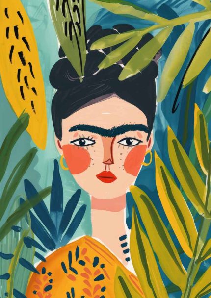Frida Kahlo Inspired Portrait Art Print, Tropical Leaves Botanical Poster