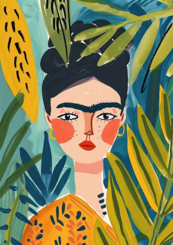 Frida Kahlo Inspired Portrait Art Print, Tropical Leaves Botanical Poster