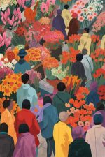 Crowded Flower Market Illustration, Colorful Urban Scene, Botanical Art Print Poster Wall Art