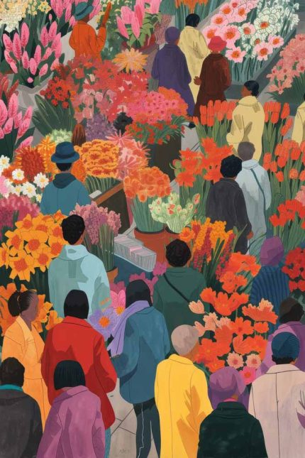 Crowded Flower Market Illustration, Colorful Urban Scene, Botanical Art Print Poster Wall Art