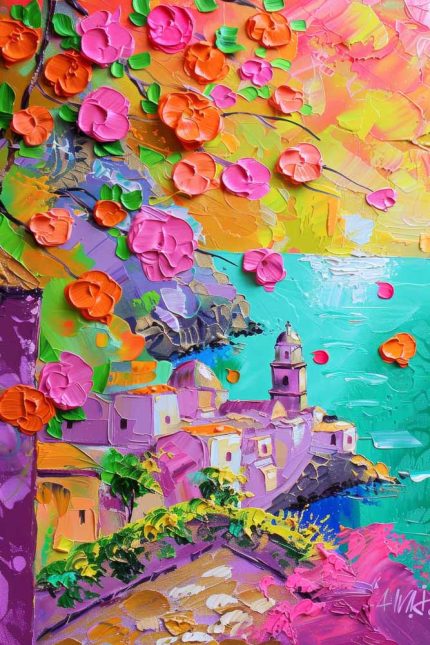 Impasto Coastal Town Art Print, Textured Landscape Painting, Colorful Seaside Scene Poster Wall Art