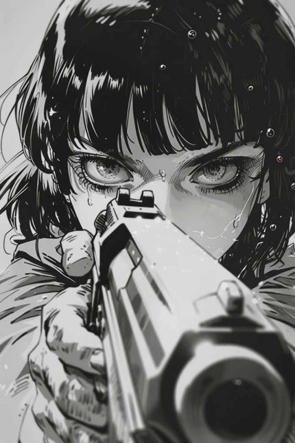 Focused Anime Female Character with Firearm, Powerful Manga Illustration, Black and White Art Print Wall Art