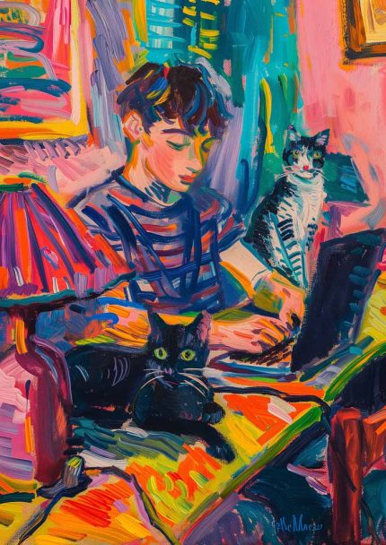 Boy with Cats and Laptop Art Print, Colorful Interior Scene Painting, Pet and Owner Art Poster Wall Art
