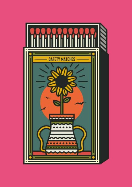 Safety Matches Sunflower Illustration - Matchbox Art Print Trendy Colorful Poster Wall Art