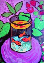 Goldfish in Bowl Art Print, Colorful Fish Painting, Vibrant Still Life Trendy Colorful Poster Wall Art