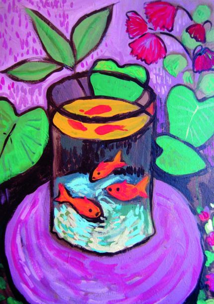 Goldfish in Bowl Art Print, Colorful Fish Painting, Vibrant Still Life Trendy Colorful Poster Wall Art