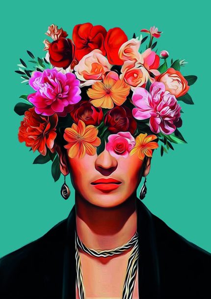 Frida Kahlo Floral Portrait Art Print, Surreal Portrait, Mexican Art, Flower Crown, Pop Art Style Poster Wall Art